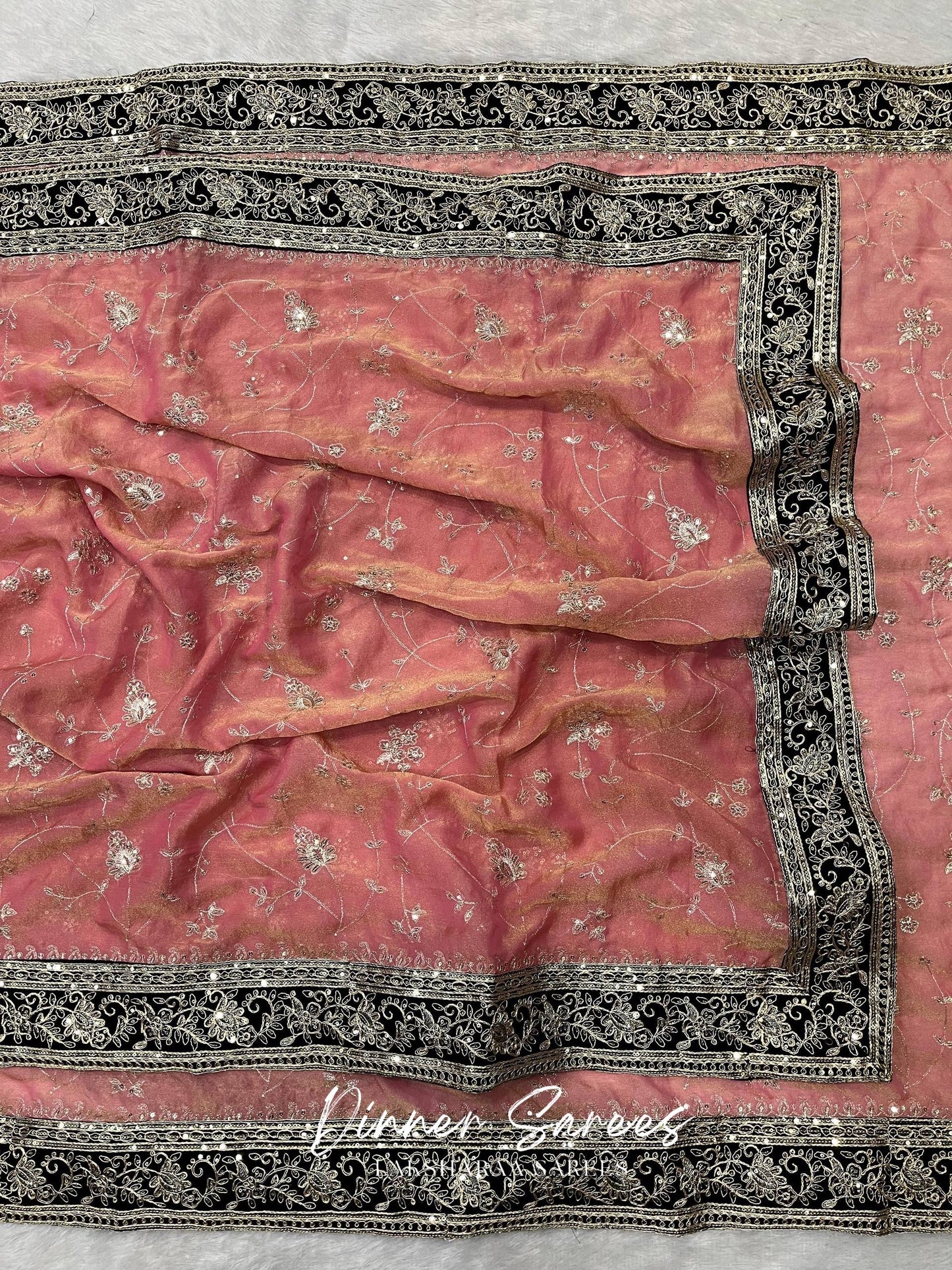 TUSHA — Georgette Saree with Floral Embroidery Work x Grand Border