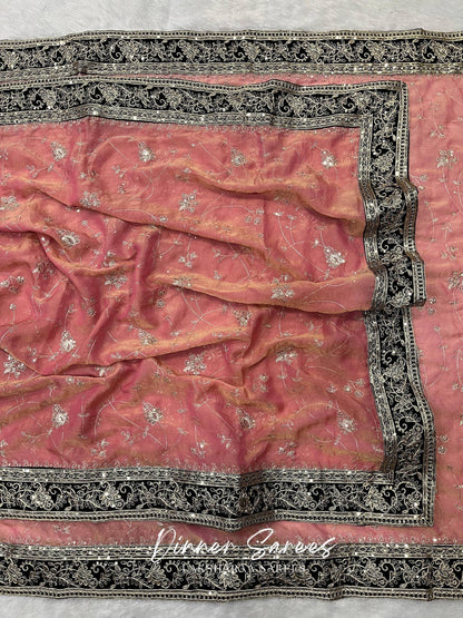 TUSHA — Georgette Saree with Floral Embroidery Work x Grand Border