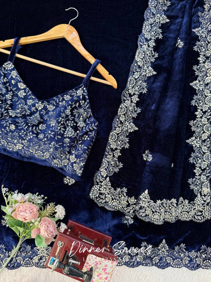 Blue Velvet Saree