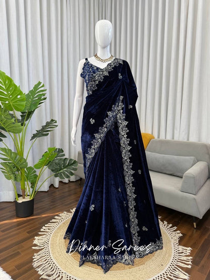 Blue Velvet Saree