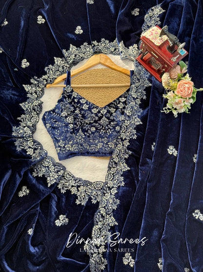 Blue Velvet Saree