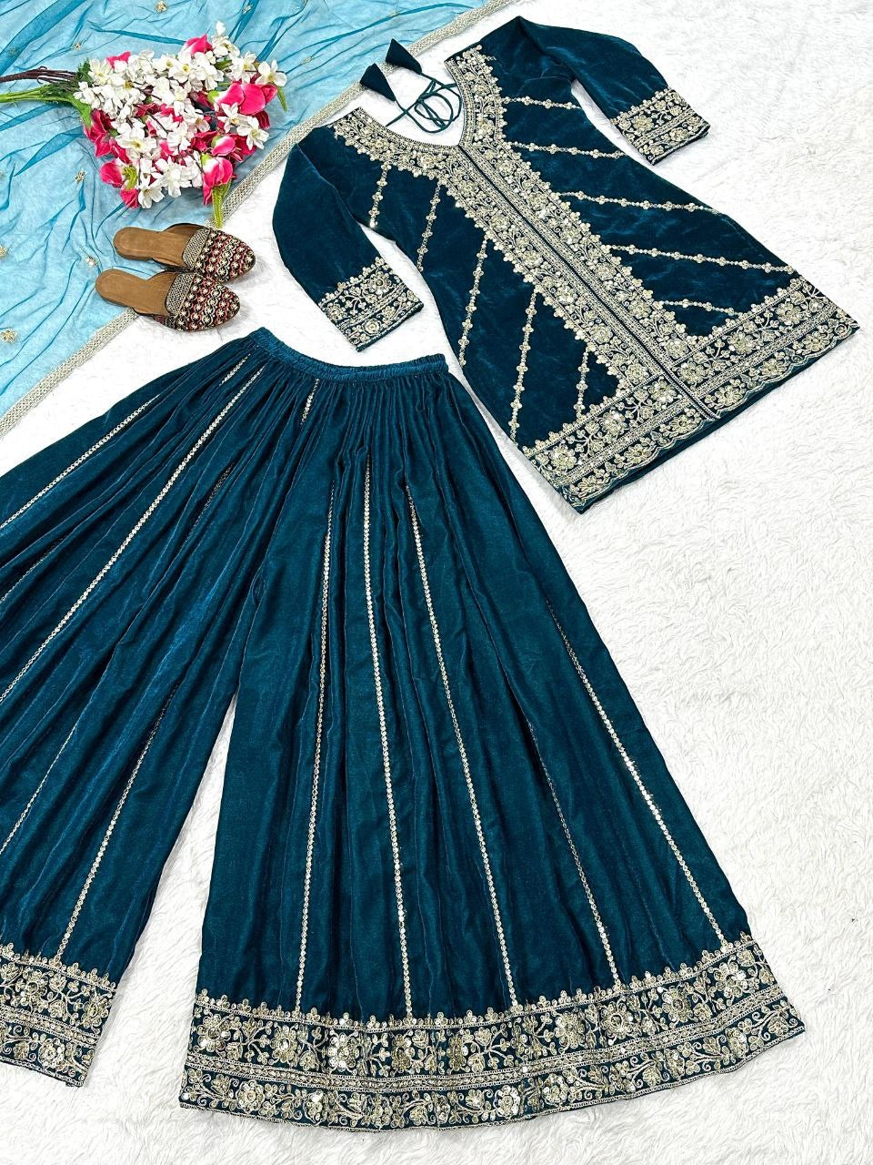 SHILA — Premium Teal Velvet Pallazo Suit - Laksharaa Sarees