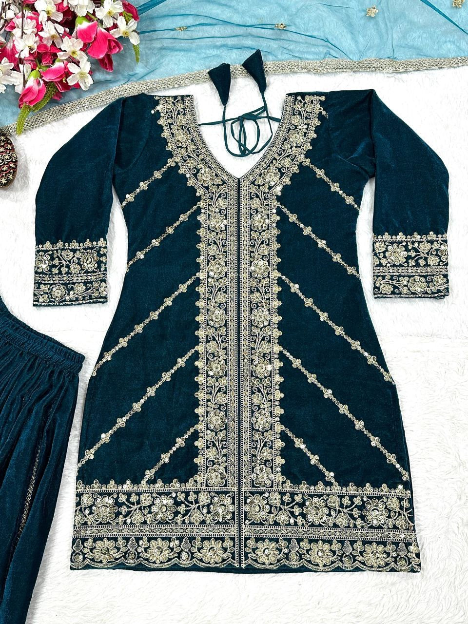 SHILA — Premium Teal Velvet Pallazo Suit - Laksharaa Sarees