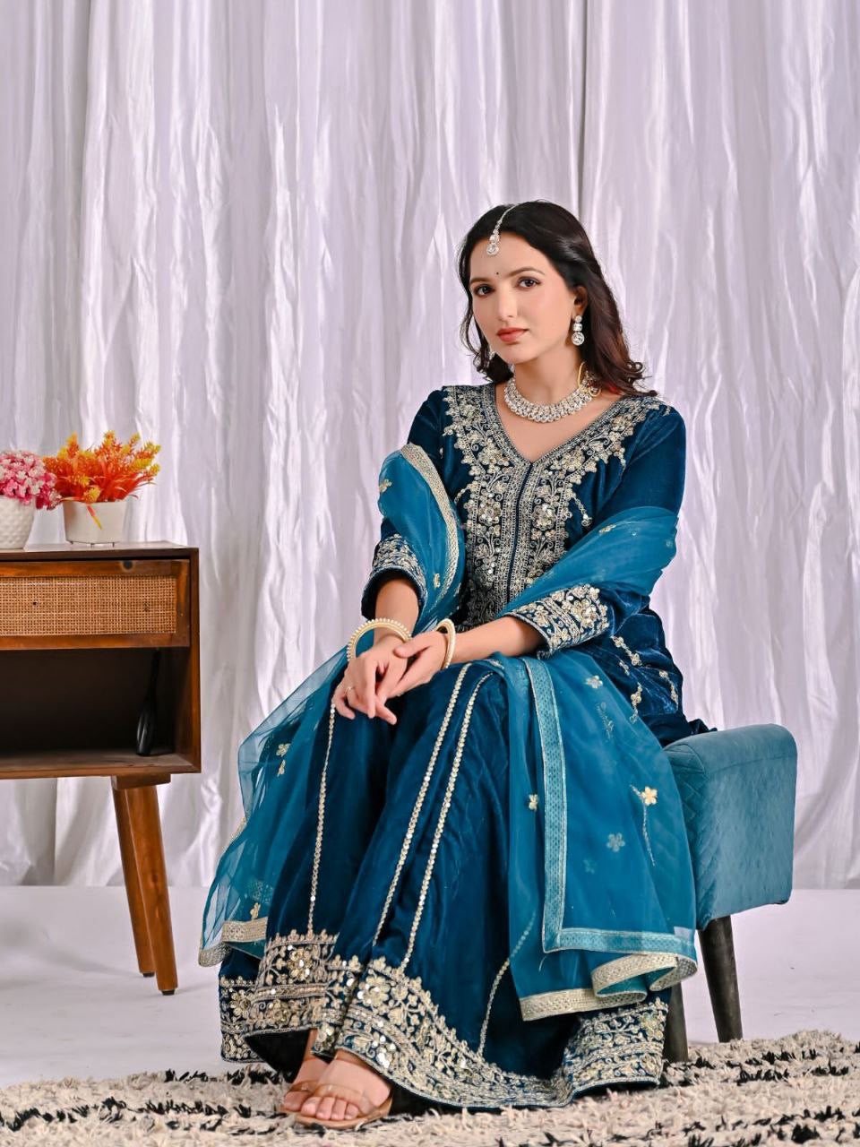 SHILA — Premium Teal Velvet Pallazo Suit - Laksharaa Sarees