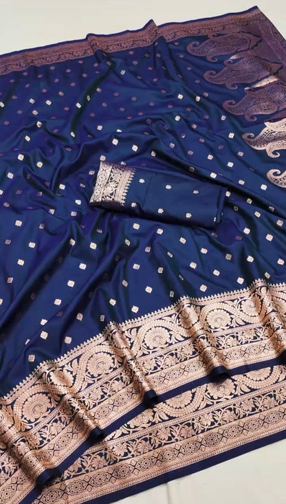 Dual toned Banarasi soft silk saree by Laksharaa Sarees featuring intricate gold zari work and vibrant color contrast.