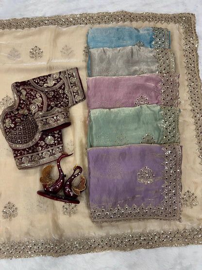 Luxurious shimmer saree with matching readymade blouse from Laksharaa Sarees, displayed in a vibrant, elegant design.