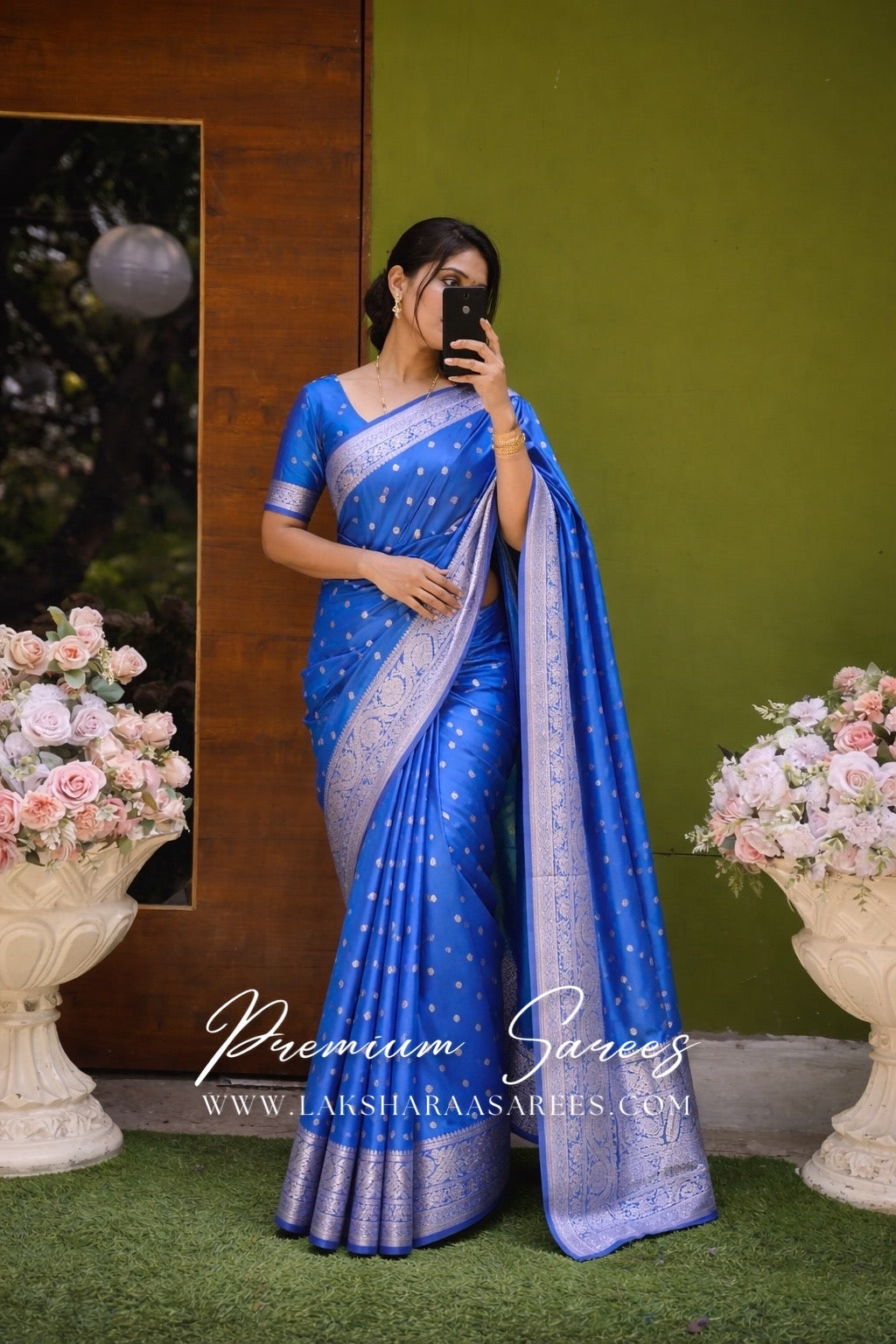 NILAA dual toned Banarasi soft silk saree with intricate gold zari work, styled with traditional draping from Laksharaa Sarees.