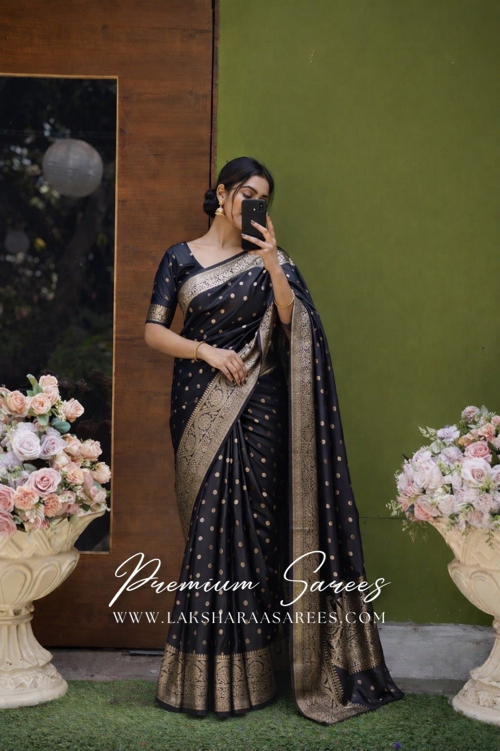Elegant dual-toned Banarasi soft silk saree by Laksharaa Sarees, with intricate gold zari patterns and vibrant color contrasts.