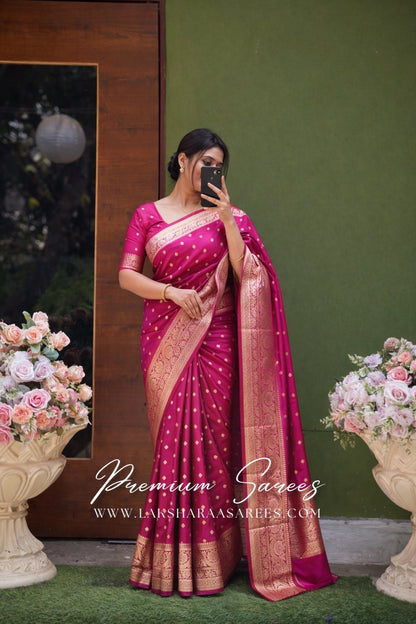 Elegant dual-toned Banarasi soft silk saree by Laksharaa Sarees, featuring intricate gold zari work and vibrant color contrasts.