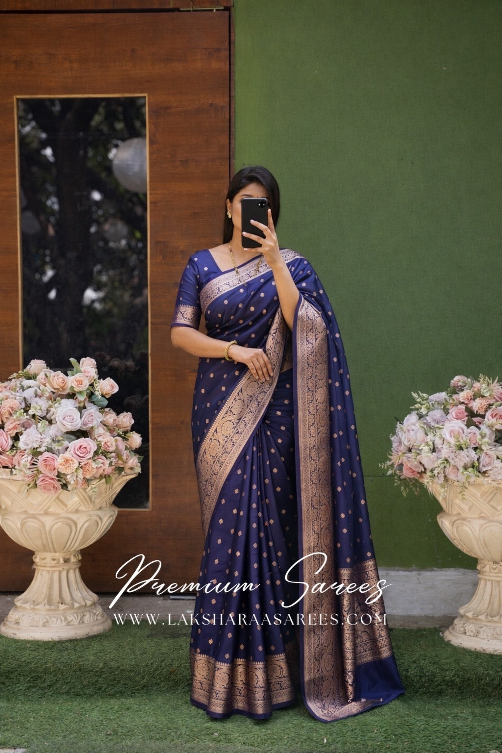 Dual toned Banarasi soft silk saree by Laksharaa Sarees, featuring intricate gold zari work and vibrant color contrast.