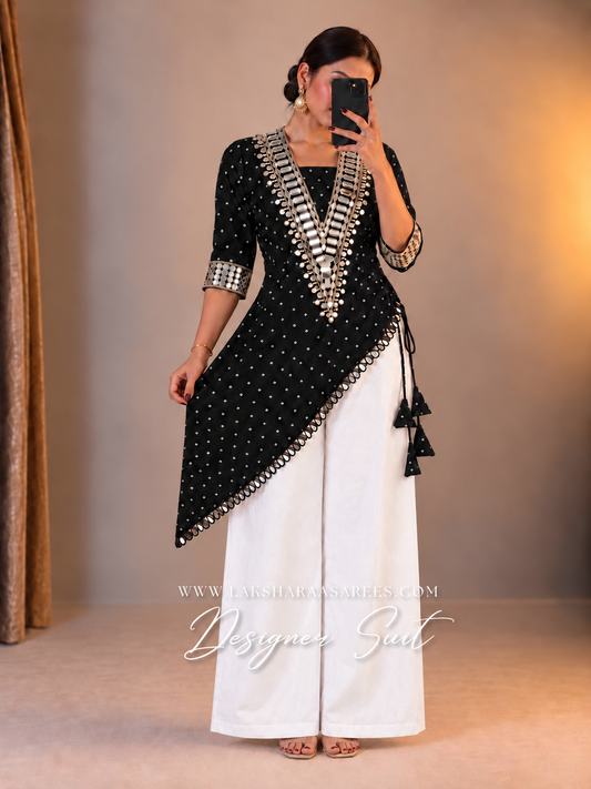 LYDIA - Black Casual Georgette Mirror Work Top With Palazzo