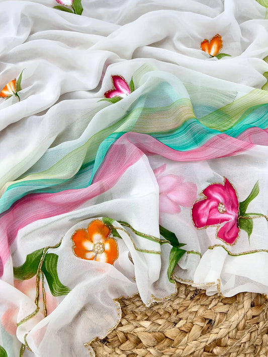 RUBEE — Beautiful White Georgette Handwork Floral Saree