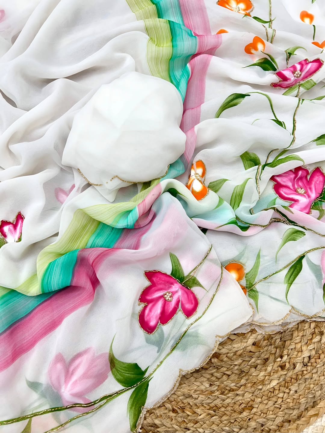 RUBEE — Beautiful White Georgette Handwork Floral Saree