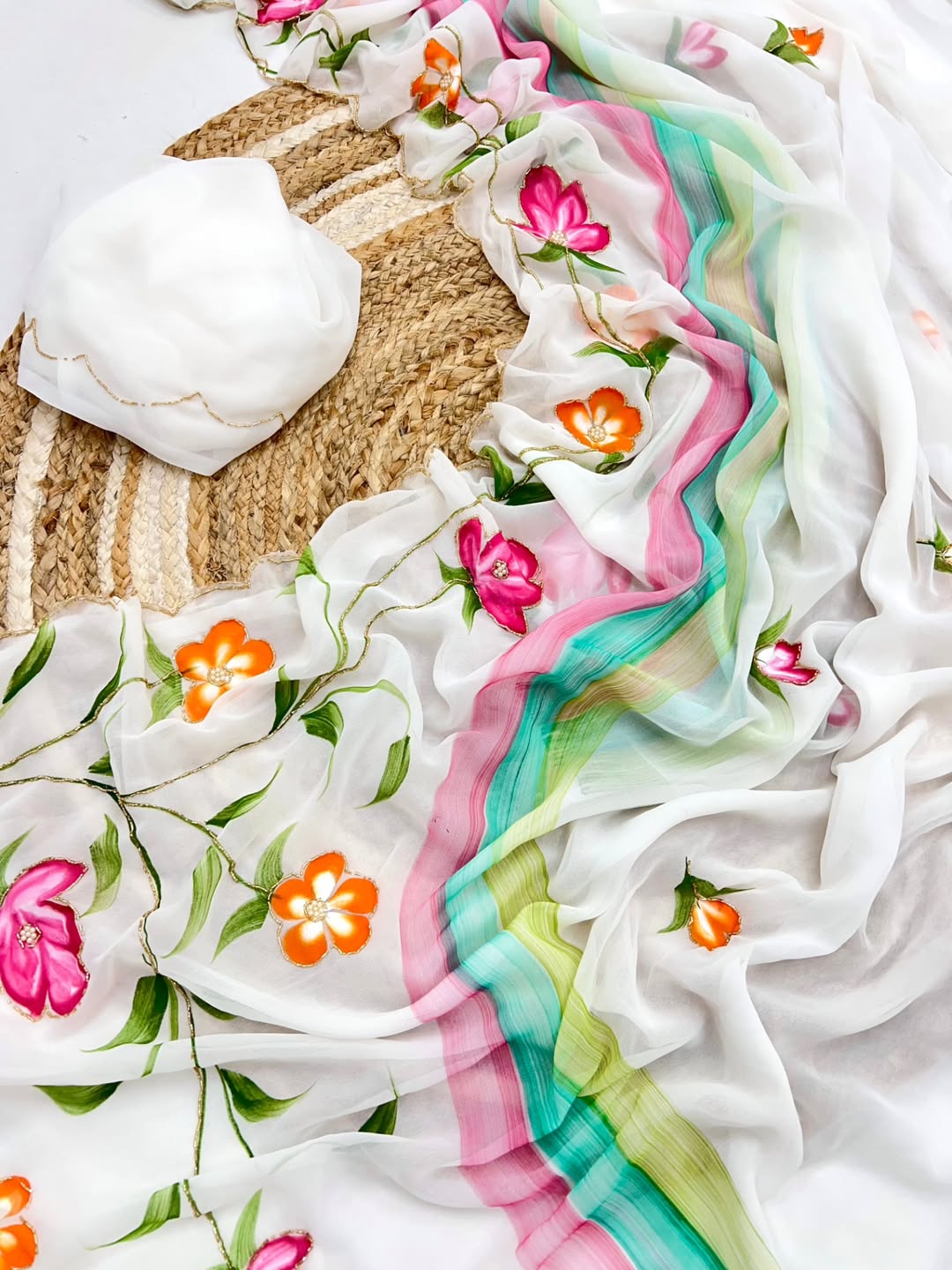 RUBEE — Beautiful White Georgette Handwork Floral Saree