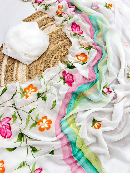 RUBEE — Beautiful White Georgette Handwork Floral Saree
