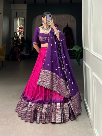 MYNAA — Pink x Purple Chanderi Half Saree Lehenga