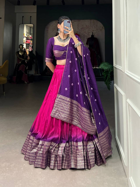 MYNAA — Pink x Purple Chanderi Half Saree Lehenga