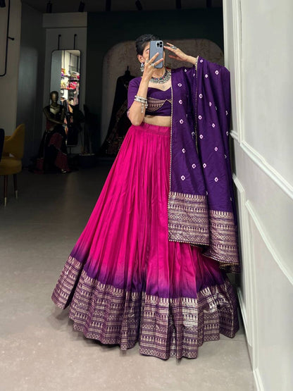 MYNAA — Pink x Purple Chanderi Half Saree Lehenga