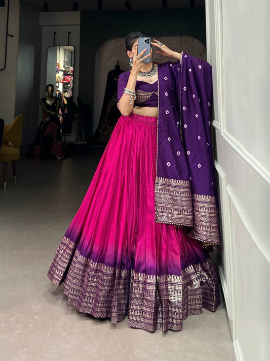 MYNAA — Pink x Purple Chanderi Half Saree Lehenga