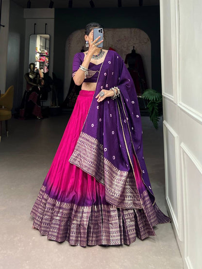 MYNAA — Pink x Purple Chanderi Half Saree Lehenga