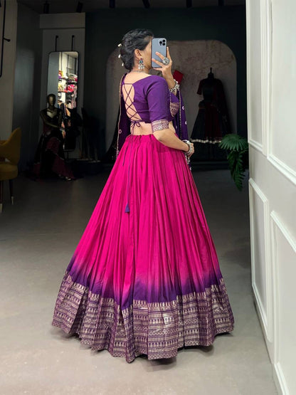 MYNAA — Pink x Purple Chanderi Half Saree Lehenga