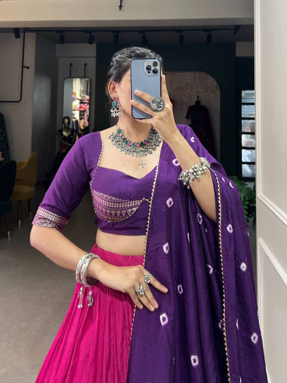 MYNAA — Pink x Purple Chanderi Half Saree Lehenga