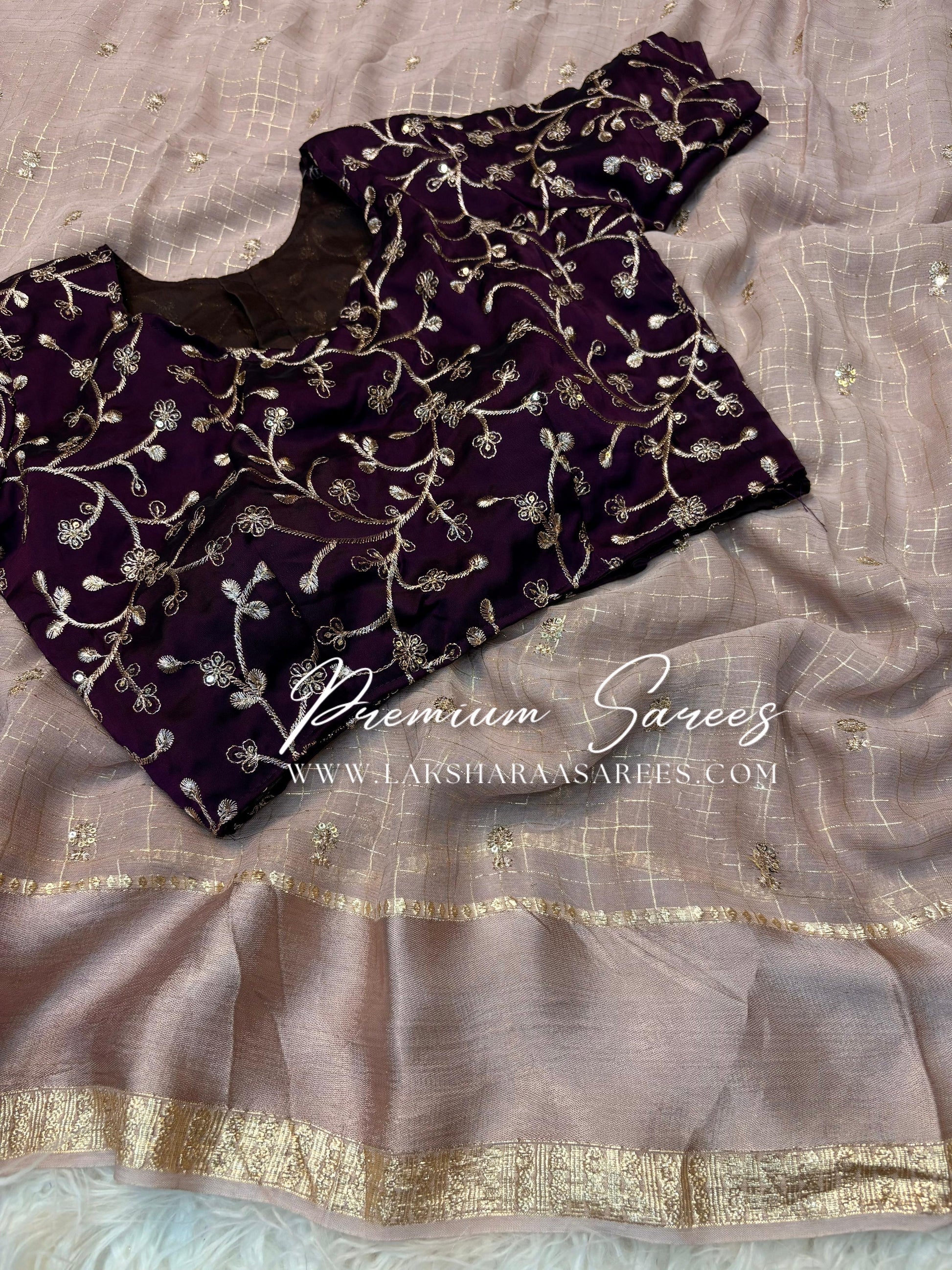 VANI Chex Viscose Georgette Saree with embroidered blouse by Laksharaa Sarees, featuring intricate embroidery and elegant drape.