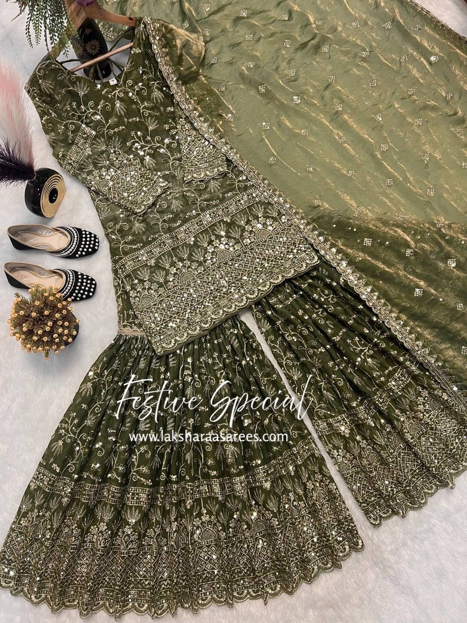 Elegant grand premium sharara by Laksharaa Sarees featuring intricate embroidery and flowing fabric, perfect for festive occasions.