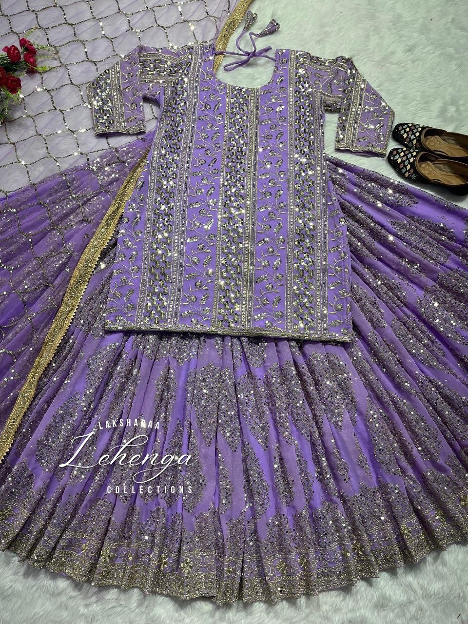 Fully stitched Fusion Top and Lehenga Skirt designed for hijabi style by Laksharaa Sarees, featuring intricate details and vibrant colors.