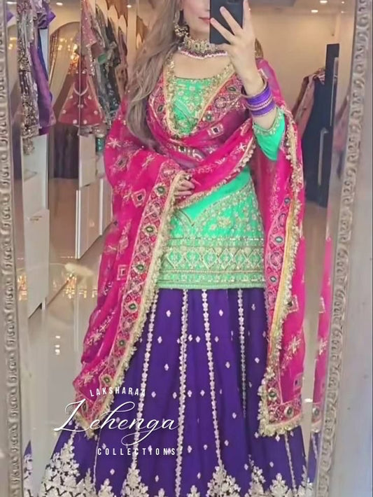 Fully stitched Fusion Top and Lehenga Skirt set by Laksharaa Sarees, featuring vibrant hijabi-friendly design and intricate embroidery.