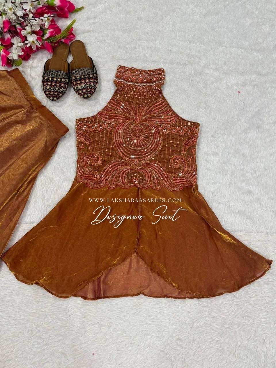 Shimmer silk halter top designer suit with matching palazzo pants by Laksharaa Sarees, featuring elegant embroidery and a stylish silhouette.