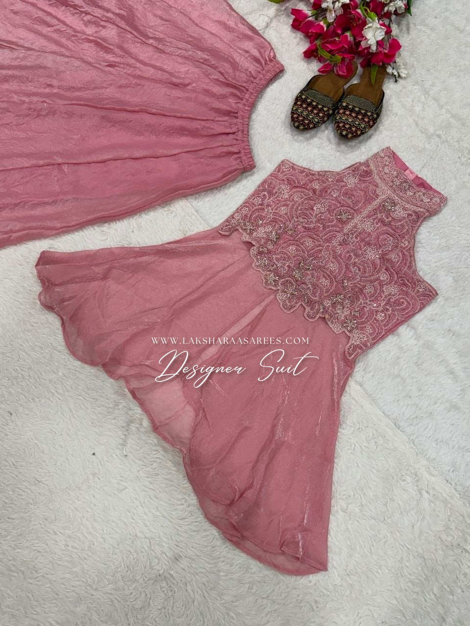 Shimmer silk halter top designer suit with matching palazzo pants by Laksharaa Sarees, featuring intricate embroidery and elegant design.