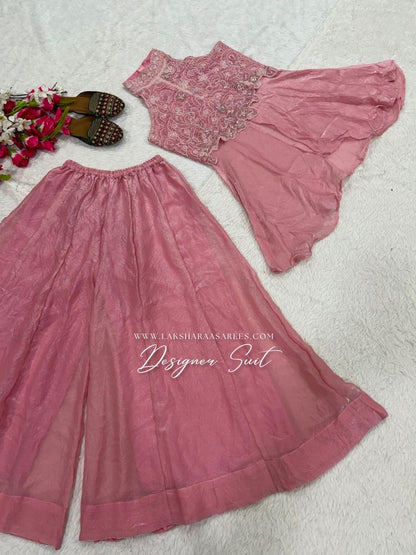 Shimmer silk halter top designer suit with matching palazzo pants by Laksharaa Sarees, featuring intricate embroidery and elegant design.