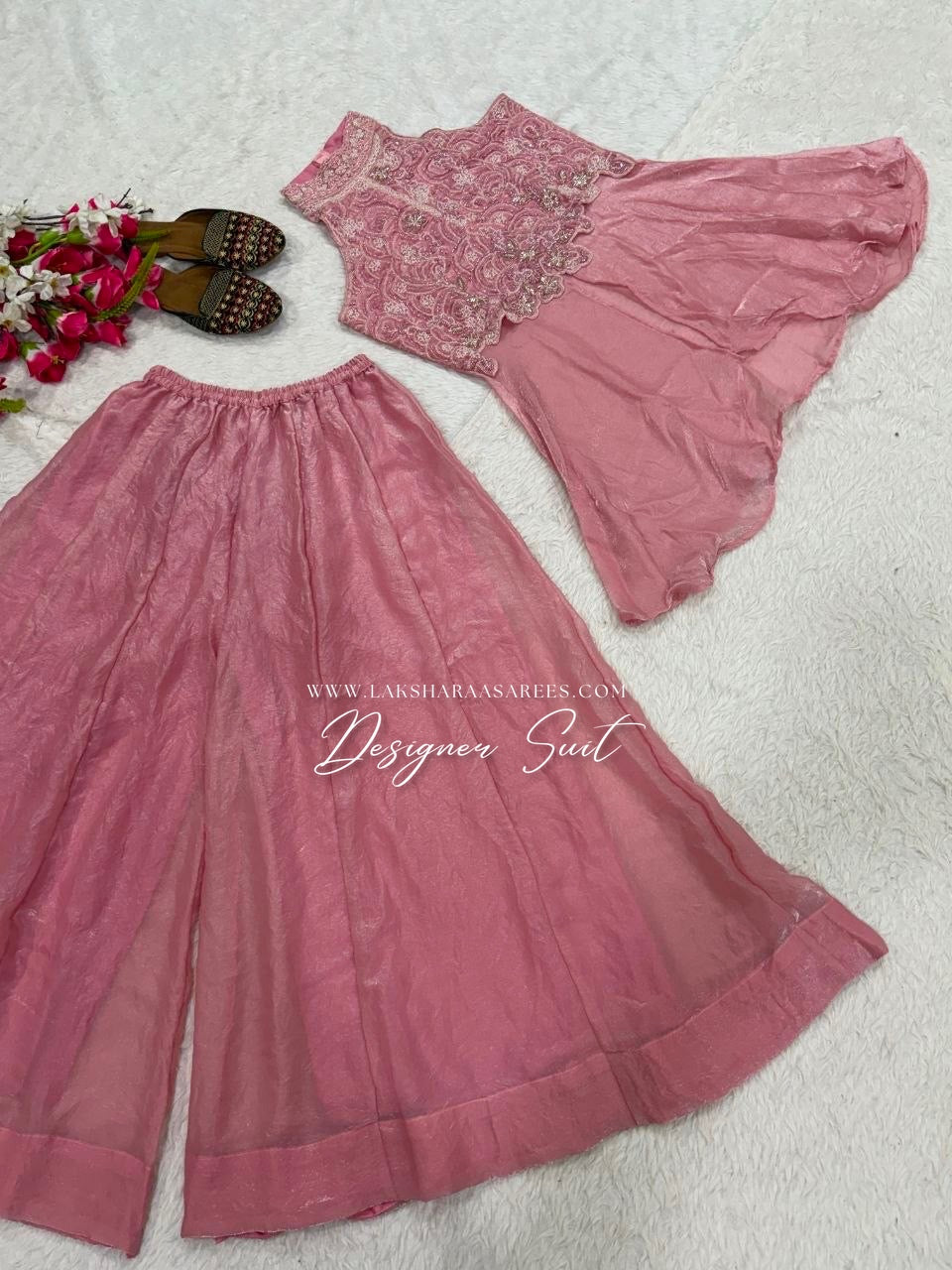 Shimmer silk halter top designer suit with matching palazzo pants by Laksharaa Sarees, showcasing elegant traditional attire.