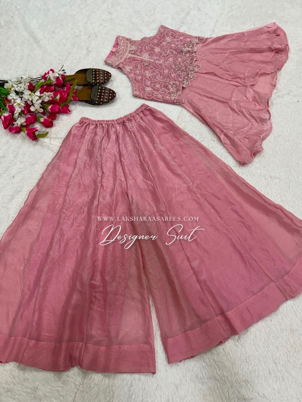 Laksharaa Sarees AFSANA shimmer silk halter top designer suit with matching palazzo, featuring elegant gold accents and intricate detailing.