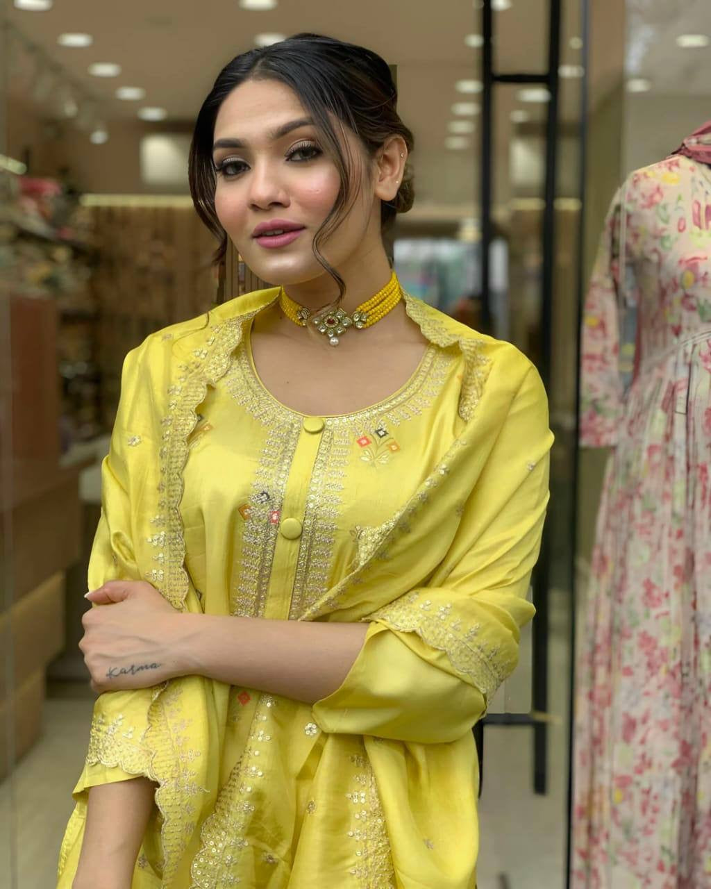 Yellow Kurti with Pants & Dupatta