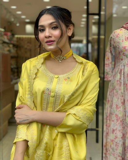 Yellow Kurti with Pants & Dupatta