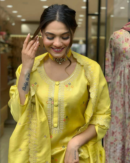 Yellow Kurti with Pants & Dupatta