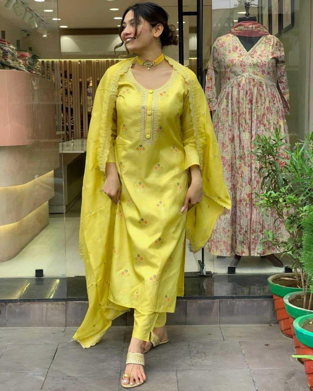 Yellow Kurti with Pants & Dupatta