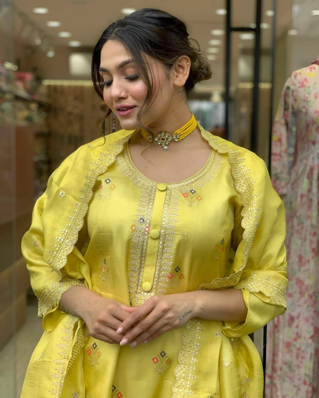 Yellow Kurti with Pants & Dupatta