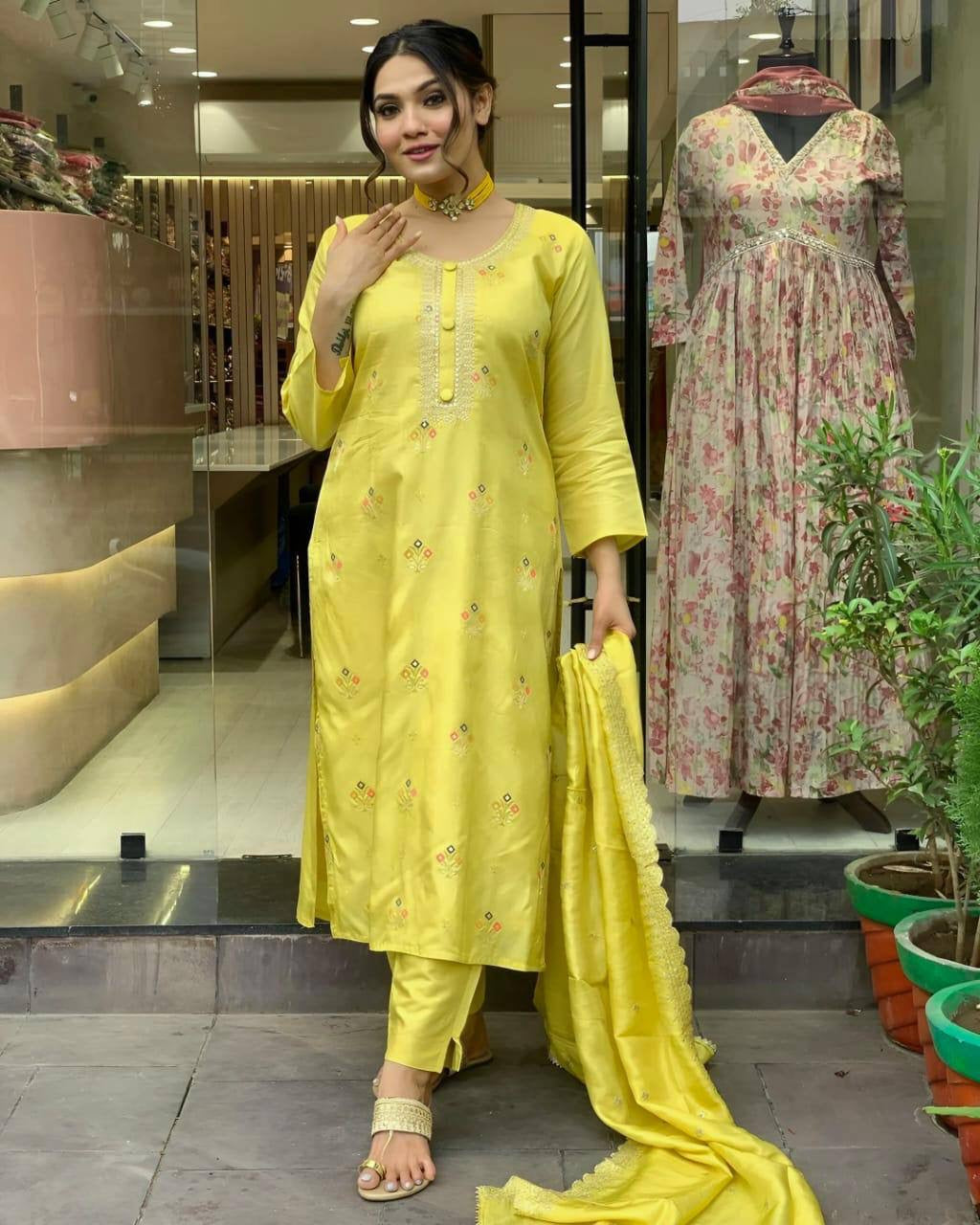 Yellow Kurti with Pants & Dupatta