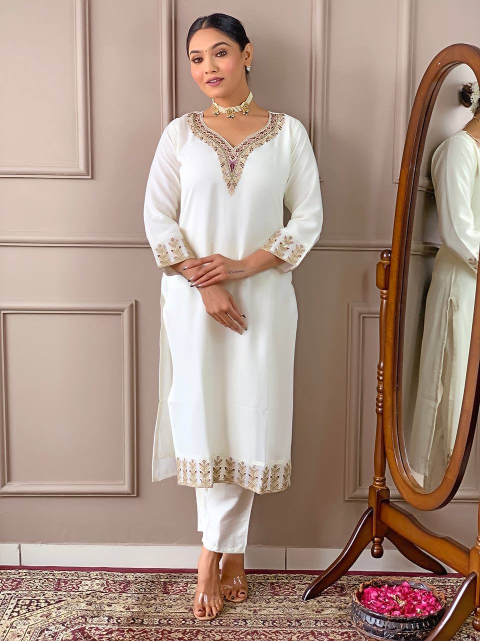 White x Stunning Embroidered Georgette Kurti Set