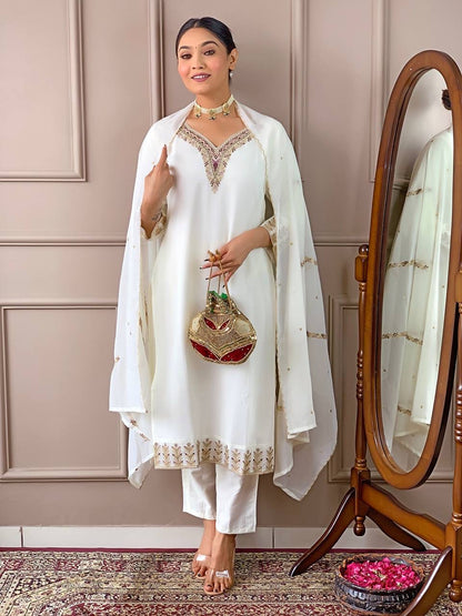 White x Stunning Embroidered Georgette Kurti Set