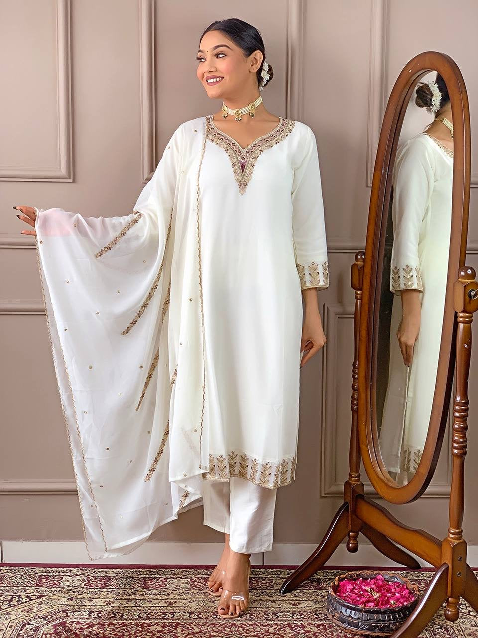 White x Stunning Embroidered Georgette Kurti Set