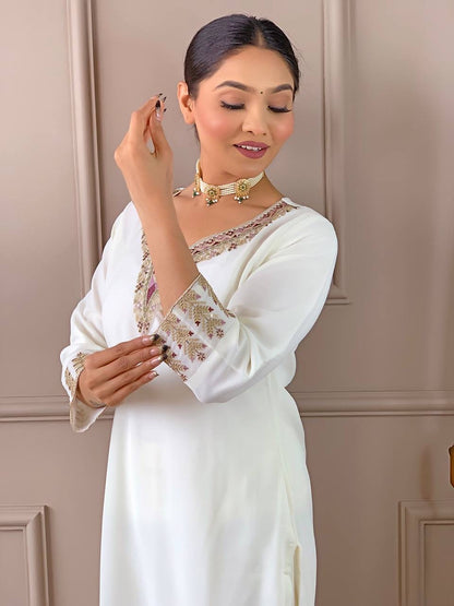 White x Stunning Embroidered Georgette Kurti Set