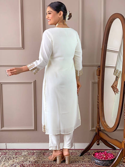 White x Stunning Embroidered Georgette Kurti Set