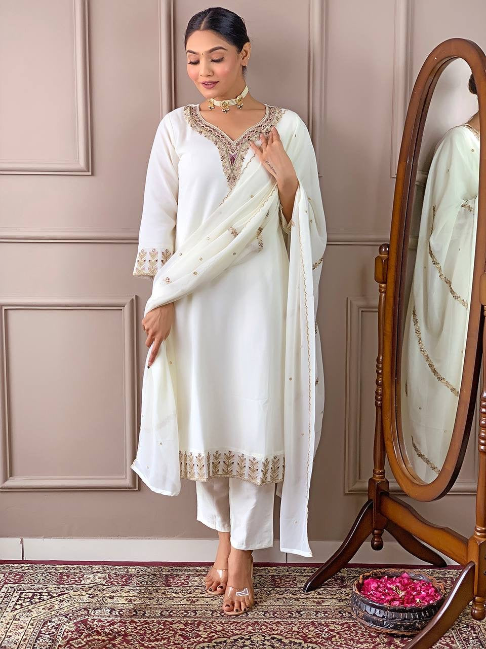 White x Stunning Embroidered Georgette Kurti Set