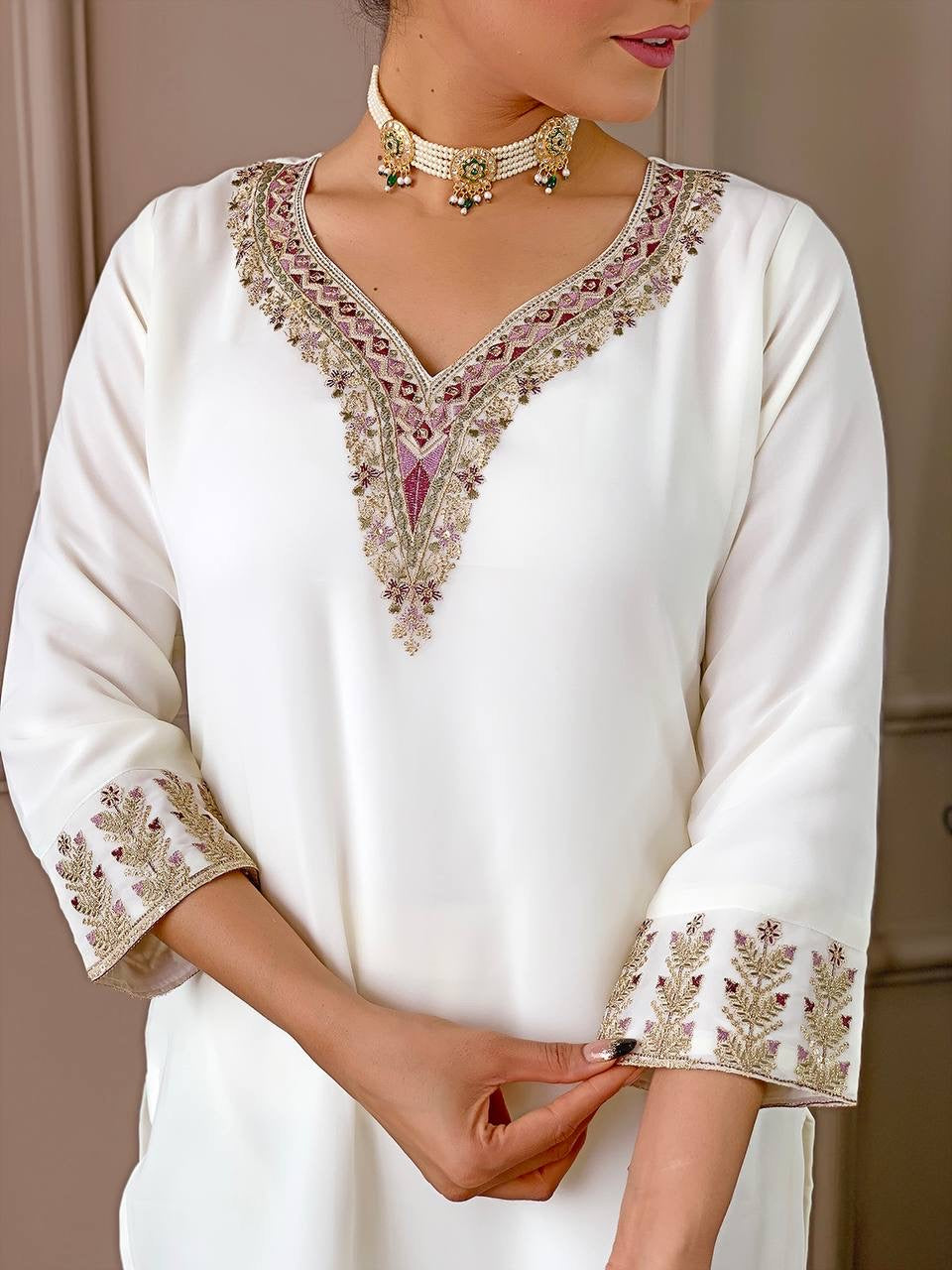 White x Stunning Embroidered Georgette Kurti Set