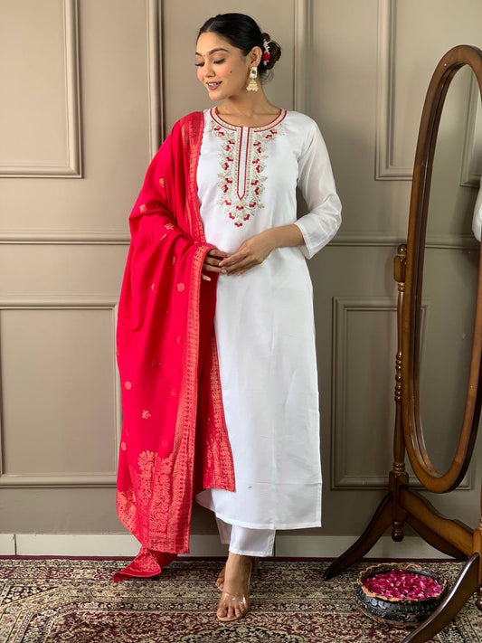 White & Red Casual Kurti Set