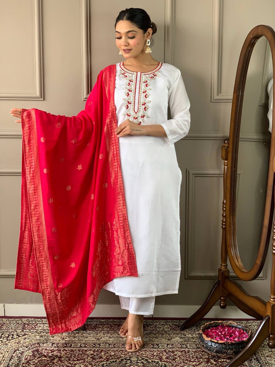 White & Red Casual Kurti Set